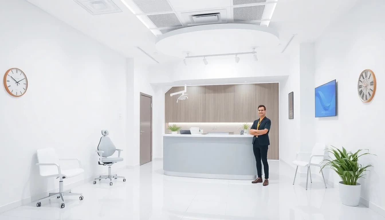 Dentist managing patient reviews and online reputation on digital tablet in modern dental office