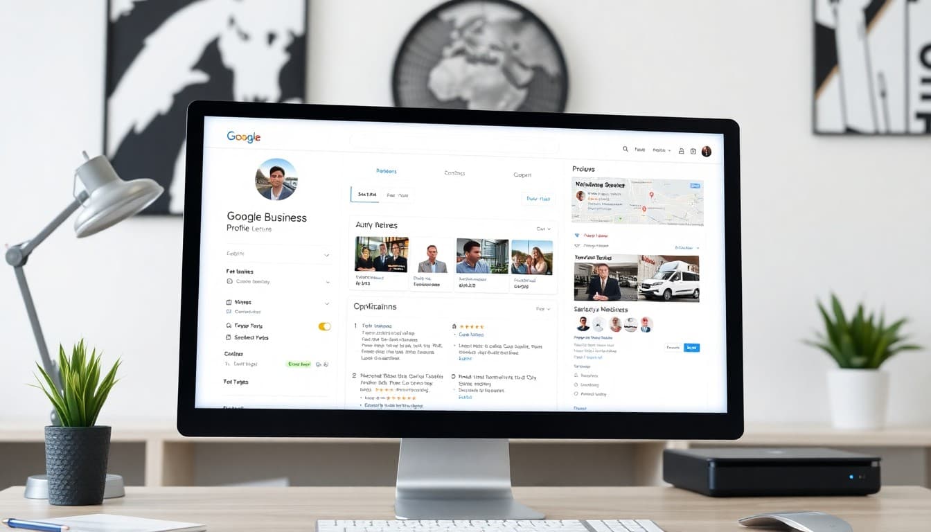 Google Business Profile optimization dashboard showing local SEO rankings, customer reviews, and business insights