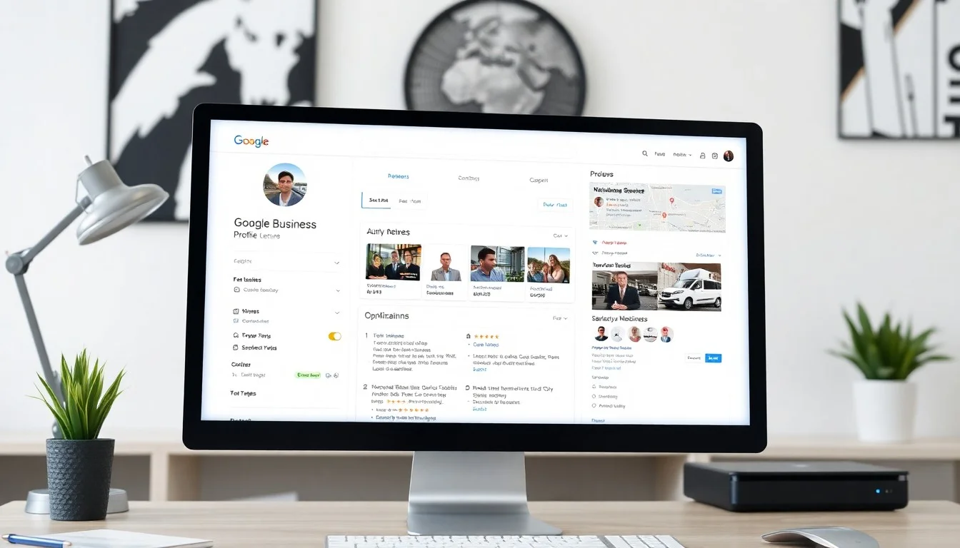 Google Business Profile optimization dashboard showing local SEO rankings, customer reviews, and business insights
