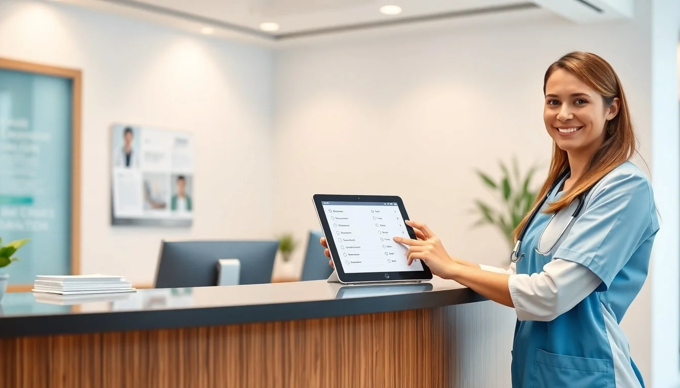 Healthcare professional reviewing patient feedback on digital device, representing modern healthcare reputation management