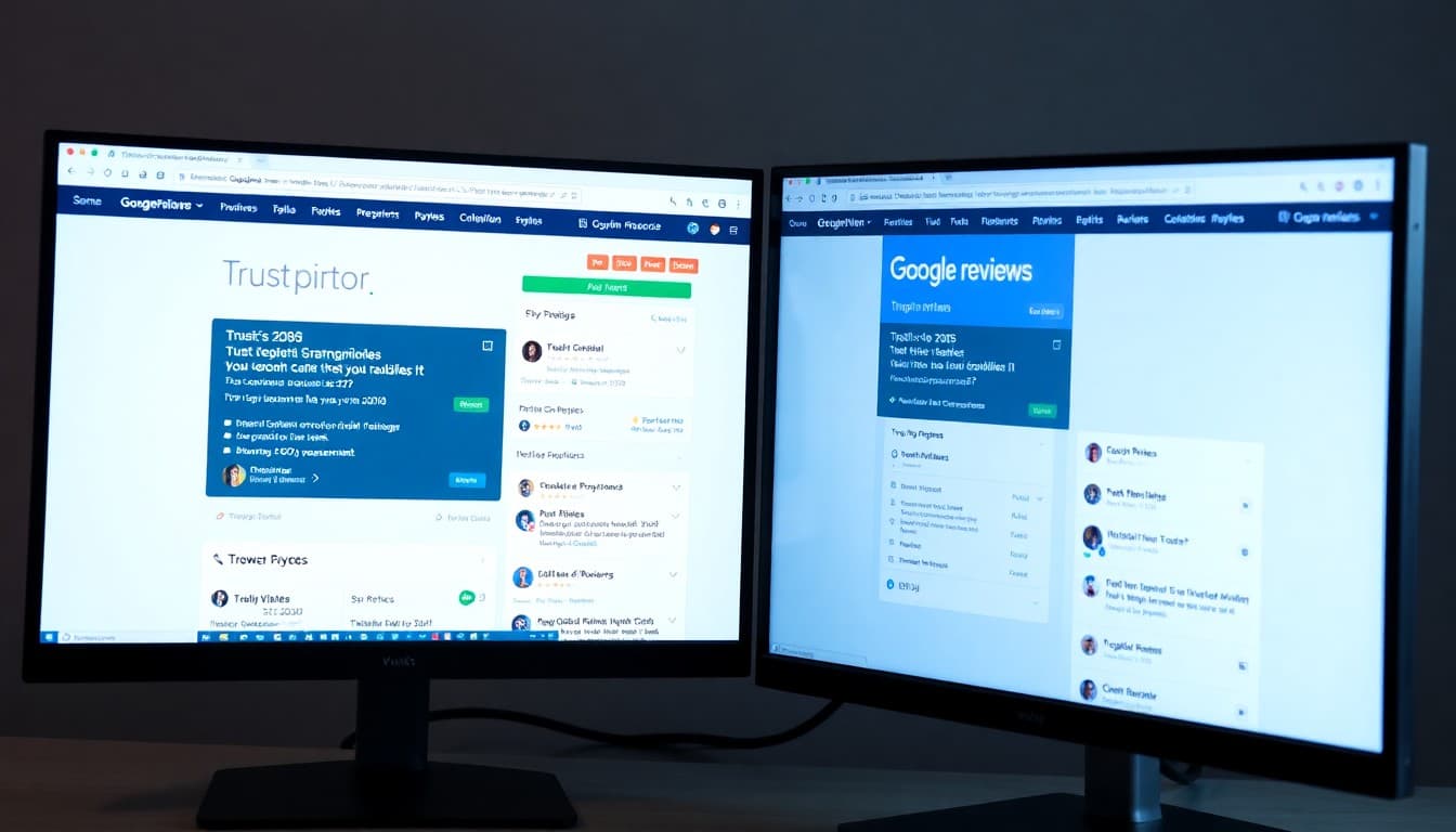 Side-by-side comparison of Trustpilot and Google Reviews platforms showing review dashboards, widgets, and business metrics for platform selection