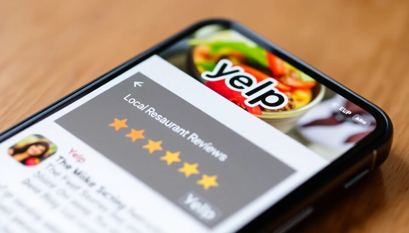 Business owner managing Yelp reviews on laptop with 5-star ratings and review notifications visible